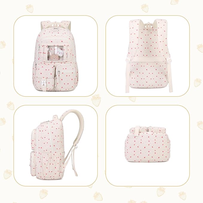 PIG PIG GIRL Corduroy Backpack Kids Backpack for Girls School Bags for Middle School Students Book Bag for Elementary Primary Kawaii Ita Backpack, Beige Strawberry