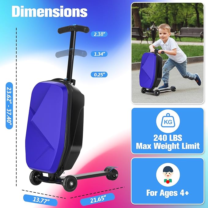 Scooter Luggage For Kids & Adults， Hardside Ride On Suitcase For Kids Ages 4-15 Multifunctional Lightweight Foldable Carry On Luggage With Wheels Ride On For Children Teenagers (Indigo Blue, 20")