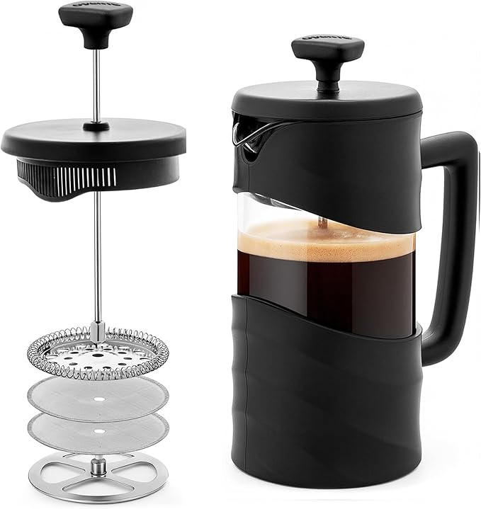 OVENTE French Press Coffee Maker 12 Ounce with Heat Resistant Borosilicate Glass & Stainless Steel 4-Level Filtration System, Portable Cold Brew Coffee Maker for Travel, Camping or Gift, Black FPW12B