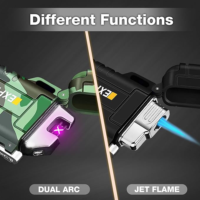 2 Pack Waterproof Lighter Outdoor Windproof Torch Lighters Dual Arc Butane Electric Lighters USB Rechargeable Lighters Flameless Plasma Lighter Camping Hiking Adventure Survival Tactical Gear