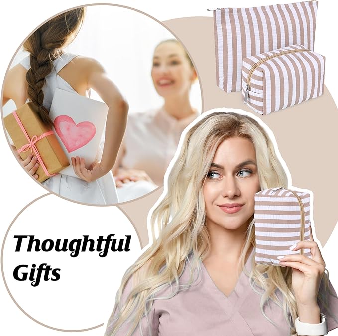 Huhumy 2 Pcs Makeup Bag Set Cute Cosmetic Pouch for Women Seersucker Travel Toiletry Bag Preppy Small Makeup Purse Pouch Aesthetic Skincare Brushes Storage Organizer for Valentine Women(Khaki Wide)