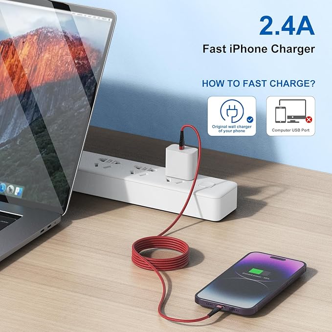CyvenSmart (3 Pack) Long iPhone Charger 10 Ft for [Apple MFi Certified], 10 Foot USB A to Lightning Cable Fast Charging Cord 10 Feet for iPhone 14/13/12/11/XS/XR/X/8/7/6/5/SE Plus Pro Max Mini -Red