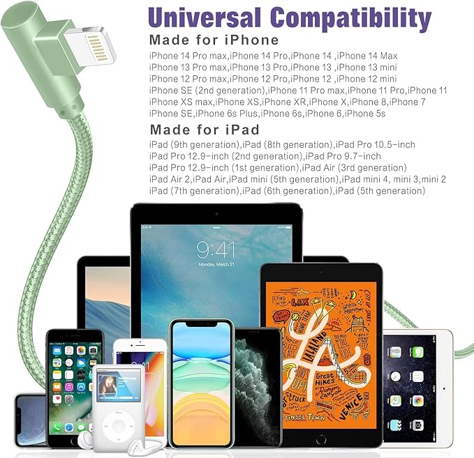 iPhone Charger,3 Pack 10FT Lightning Cable [Apple MFi Certified] iPhone Fast Charging Cable 90 Degree Nylon Braided Cord Compatible with iPhone 14/13/12/11 Pro Max/XS MAX/XR/XS/X/8/7/Plus/iPad