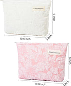 SOIDRAM 2 Pieces Flower Makeup Bag Large Floral Cosmetic Bag Capacity Canvas Travel Toiletry Bag Organizer Cute Makeup Brushes Aesthetic Accessories Storage Bag for Women, Flower L White Pink