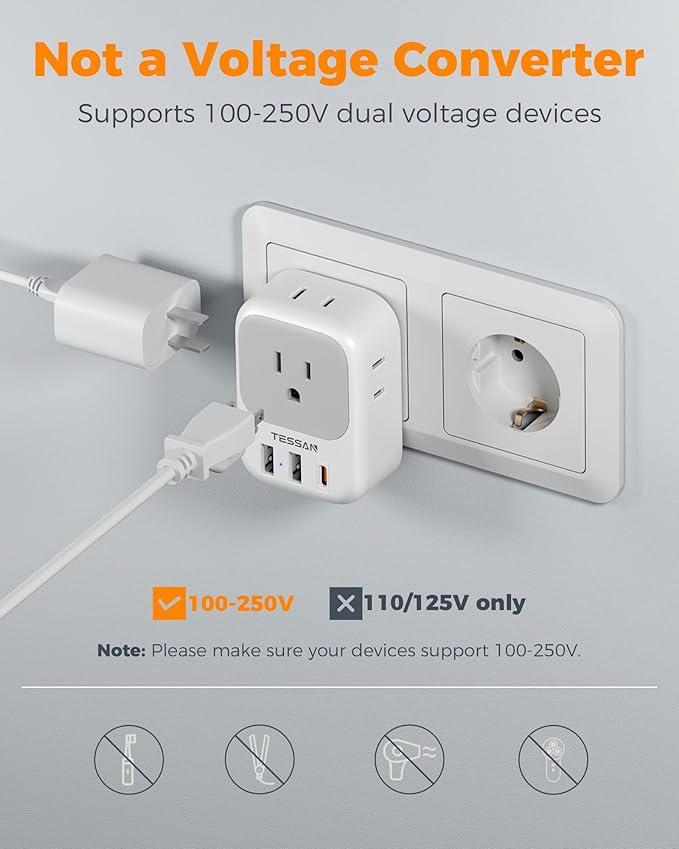 TESSAN 2 Pack Type E F Plug Adapter, Germany France Power Travel Adaptor with 3 USB Charger(1 USB C PD 20W), 4 Outlets Schuko Plug for US to Europe Spain Iceland Korea Greece Russia German French