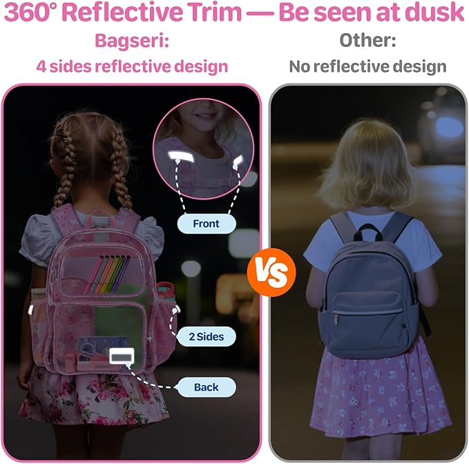 Bagseri Clear Backpack for Girls - 15 Inch Heavy Duty Kids Clear Bookbag for Kindergarten to Grade 2, Transparent School Bag with Reflective Strip, Fits Folders, Pink Unicorn