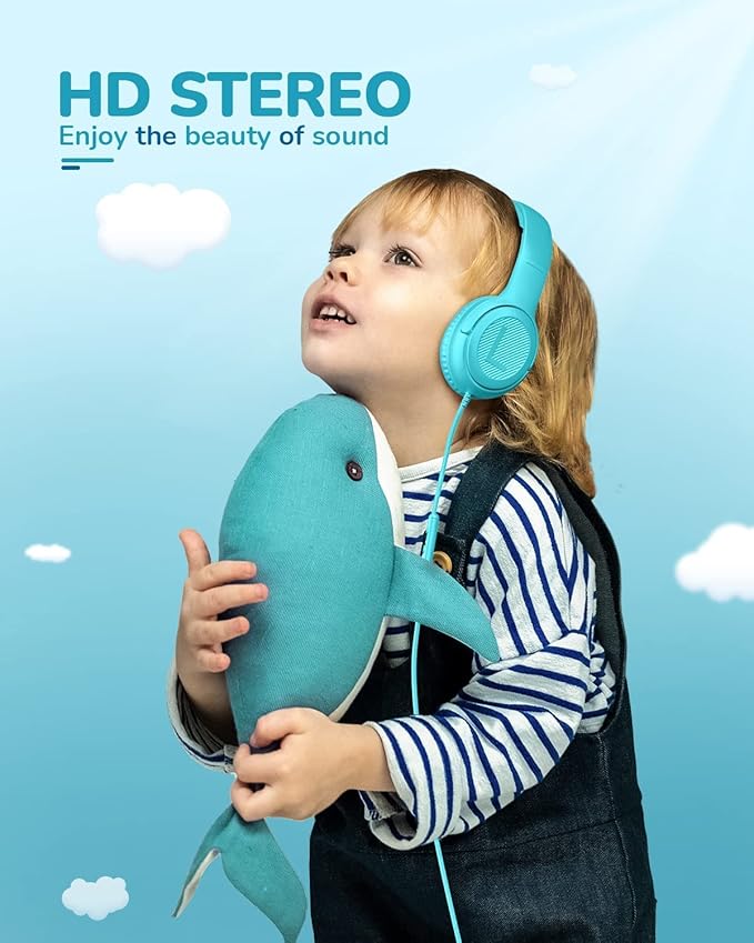 awatrue Kids Headphones for School Travel, 85/94dB Safe Volume Limit, 3.5mm Jack, HD Mic, Portable Wired Headphone with Shareport, Stereo Sound On-Ear Headphones for Toddler Kids Girls Boys Blue