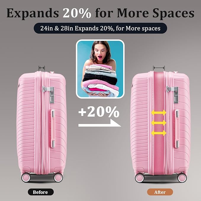4 Piece Luggage Set, Hardside Expandable Lightweight Suitcase with 360° Mute Spinner Wheels Luggage Sets, TSA Lock, 14/20/24/28 Inch Travel Luggage for Men, Women and Girls (Pink)