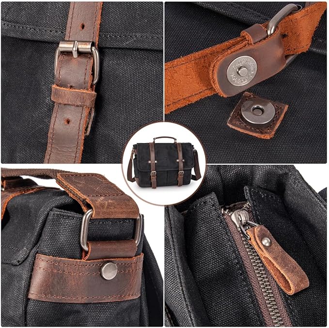 Vintage Genuine Leather Waxed Canvas Briefcase Large Satchel Shoulder Bag Rugged Computer 15.6" Laptop Bag