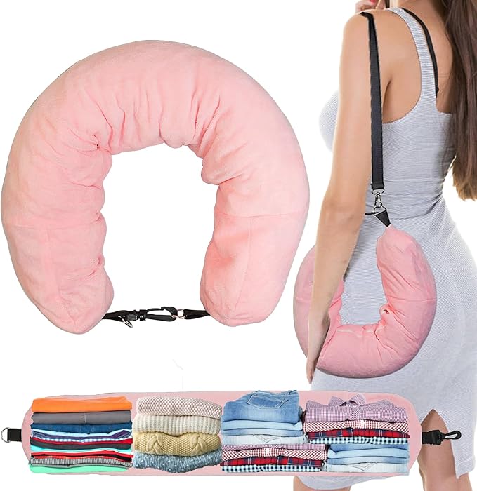 1/2PCS Travel Pillow Stuffable with Clothes As Carry-On Luggage Fits Up to 3 Days of Travel Essentials, Multifunctional U-Shaped Pillowcase for Business, Trip, Outdoor (1PCS-Pink)