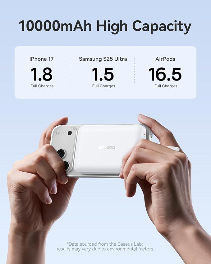 Baseus Magsafe Power Bank, 10,000mAh 30W Magnetic Portable Charger, Fast Charging Wireless Battery Pack with Built-in Braided USB-C Cable for iPhone 17 Pro Max/Air/16/15/14/13, AirPods, iPad and More