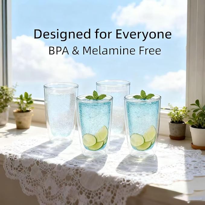 Unbreakable 16oz Tumblers Set of 4 - Plastic Double Wall Insulated Cups, Shatterproof Clear Travel Mugs Keep Drinks Cold & Hot, Reusable BPA-Free for Camping, Party, Office, Home Use (Hand Wash)