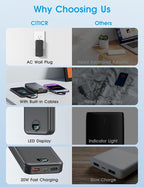 Portable Charger, 10000mAh PD20W Fast Charging Power Bank with Built-in Cables & Wall Plug, External Battery Pack with LED Display, Travel Essentials Battery Bank for iPhone, iPad, Samsung Matte Black