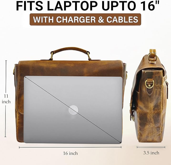 RUSTIC TOWN 16" Leather Laptop Messenger Bag for Men - Full Grain Leather Briefcase Computer Satchel Office Crossbody Bag