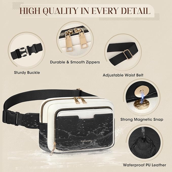 RAINSMORE Fanny Packs for Women, Leather Belt Bag Waterproof Everywhere Crossbody Waist Pack with Adjustable Strap Retro Sling Chest Bag for Work Running Travel Party, Black with White