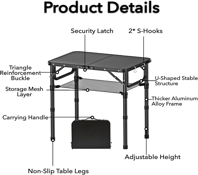 YihuiKo Small Folding Camping Table with Storage Net, 3 Adjustable Heights Foldable Table Lightweight & Portable with Carry Handle for Outdoor Indoor, Pure Black