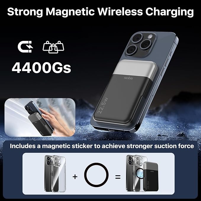 NOBIS for Magsafe Battery Pack 10000mAh, Dual-Foldable Wireless Magnetic Power Bank with LED Display Magnetic Portable Charger 22.5W PD Fast Charging Type C in&Out for Phone 16 S25