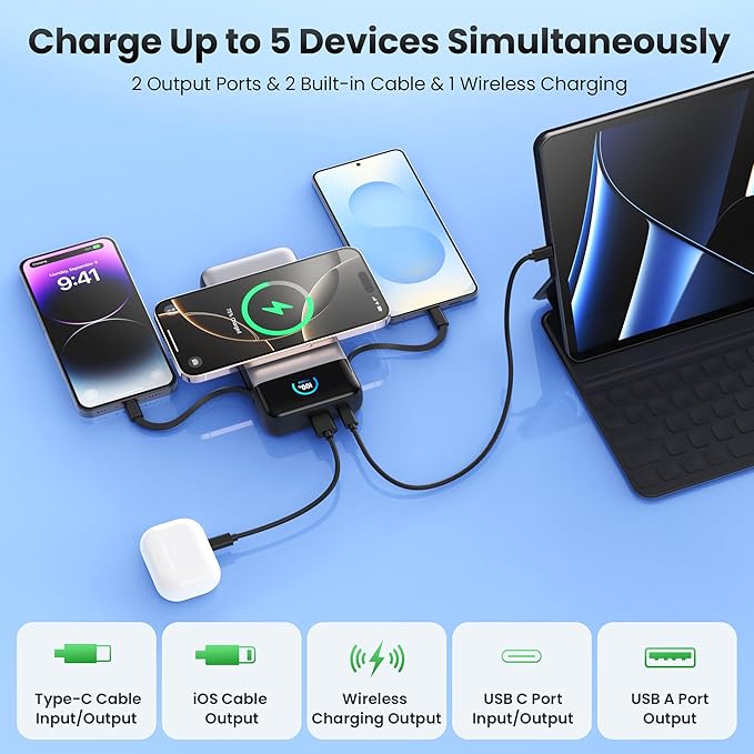 Wireless Portable Charger 40,800mAh with Built-in Cables,15W Wireless Charging 25W PD QC4.0 Fast Charging USB-C Power Bank,Travel Essentials External Battery Pack for iPhone 17/16/15/14,Galaxy,Android