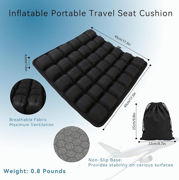 Upgraded Inflatable Travel Seat Cushion for Airplane and Car, Portable Air Cushion for Long Flights, Office Chair and Wheelchair, Pressure Relief Seat Pad for Sitting Comfort