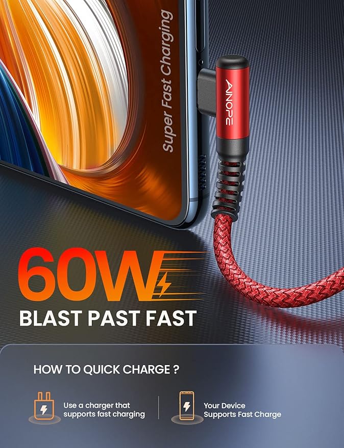 AINOPE Short USB C to USB C Cable 1.5FT 1 Pack 60W Fast Charging Nylon Braided Type C Cable for iPhone 17 Pro Max Plus Samsung Power Bank Travel Essentials Red