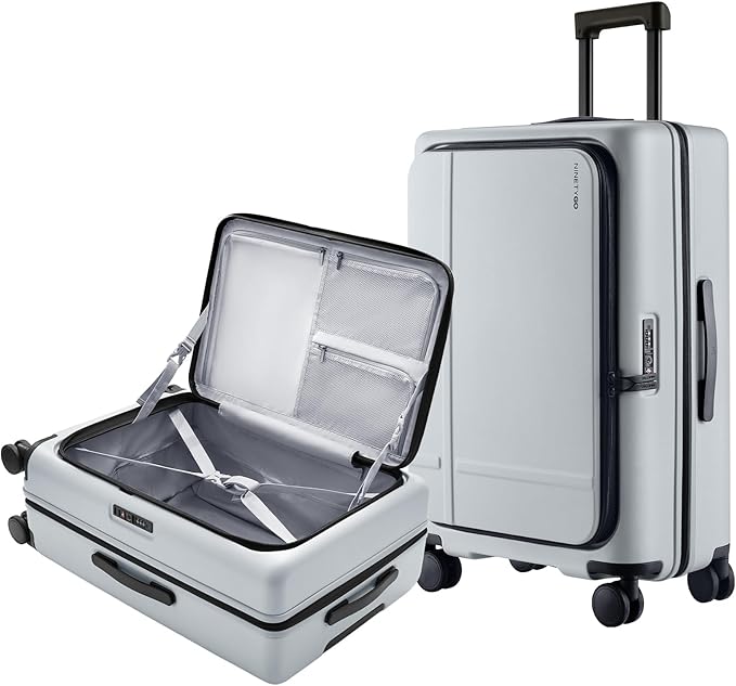 NINETYGO Medium Checked Luggage 25 Inch, Flat Top Opening Check In Luggage with Cup Holder, Expandable, Lightweight PC Hard Shell, TSA Lock, 360° Spinner Wheels (Charcoal Coconut Milk)