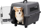 SportPet Airline Compliant MEDIUM 26.5" Travel Dog Kennel-Durable Plastic Airline Pet Carrier w/ Removable Wheels & Food Bowls, Collapsible Indoor/Outdoor Dog Kennel, Dogs up to 23"L & 15"H-Dark Gray