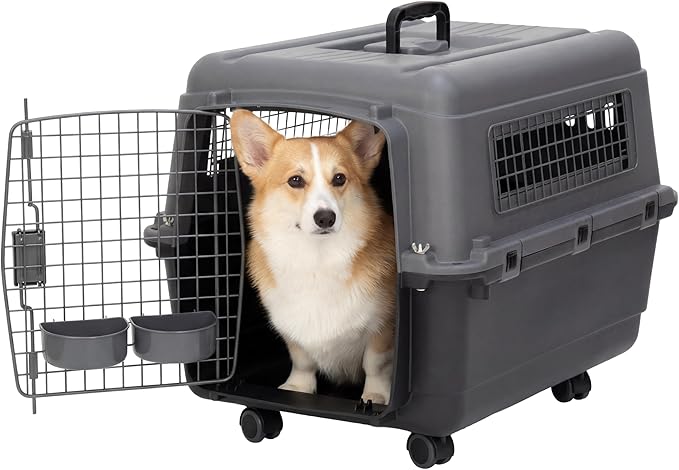 SportPet Airline Compliant MEDIUM 26.5" Travel Dog Kennel-Durable Plastic Airline Pet Carrier w/ Removable Wheels & Food Bowls, Collapsible Indoor/Outdoor Dog Kennel, Dogs up to 23"L & 15"H-Dark Gray