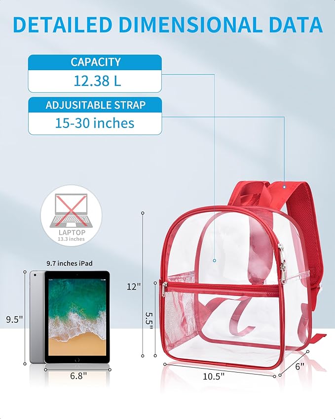 Paxiland Clear Backpack Stadium Approved 12×12×6 with Reinforced and Wider Shoulder Straps, Small Clear Bag for Schools, Concerts, Work, Festivals and Sporting Events - Red