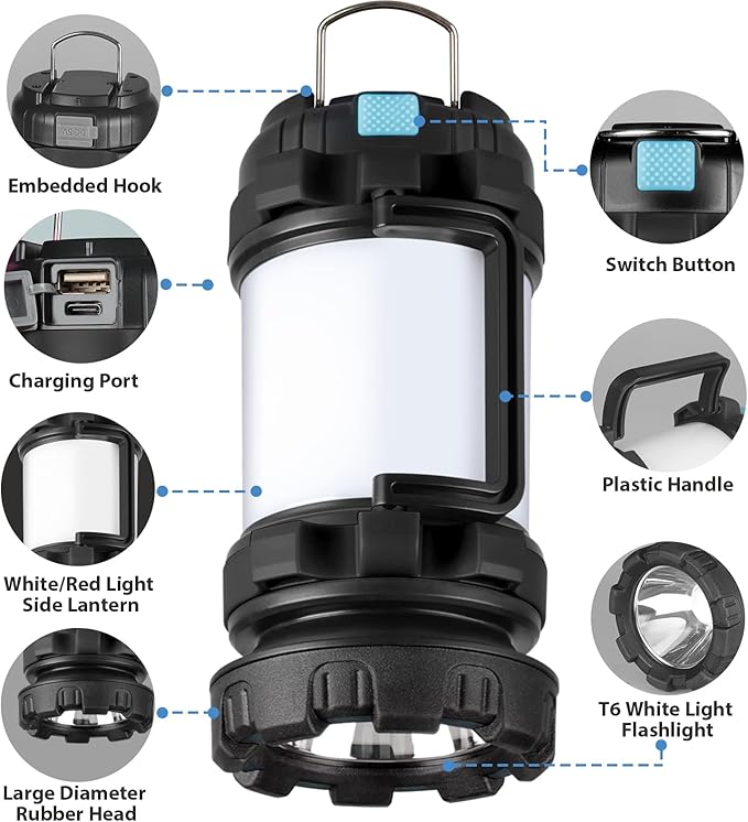 BOBKID 2 Pack Camping Lantern, Outdoor LED Camping Light, Rechargeable Flashlights with 1000LM, 6 Modes, IPX5 Waterproof Portable Emergency Camp Light for Hurricane Survival - Black