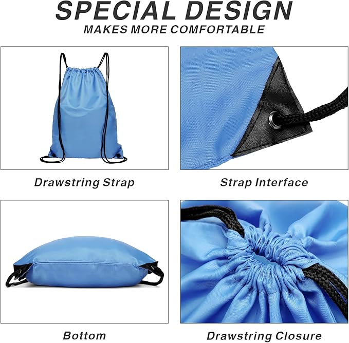 Drawstring Backpack Sports Water Resistant String Bag Sport Gym Sackpack for Women Men Large with Zipper, Baby Blue