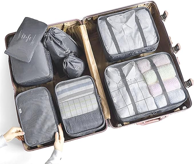 LANSKLBD 8 Set Packing Cubes for Suitcases Travel Luggage Packing Organizers,Travel Essentials Accessories Luggage Organizer with Shoe Bag Tioletry/Laundry Bag（Grey）