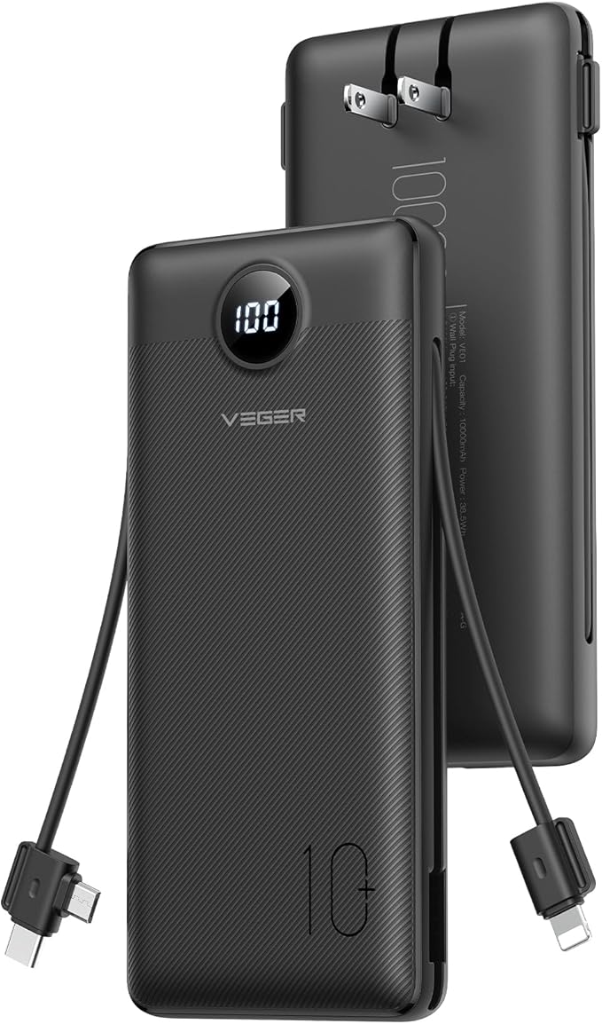 VEGER All in One Travel Portable Charger with Built-in AC Plug & Cables, 10000mAh Slim Power Bank Battery Pack, 15W Fast Charging Compatible with iPhone, Samsung, Android-Black