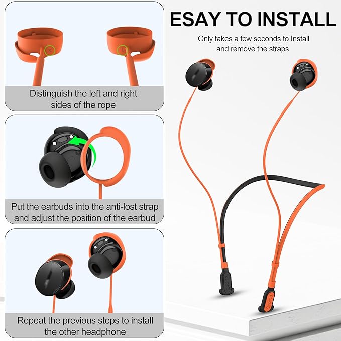 Compatible for Bose QuietComfort Earbuds (2024) Strap, Skin-Friendly Silicone Sports Neckband Wire Cord, Wireless Headphone Anti-Lost Strap, Black with Orange