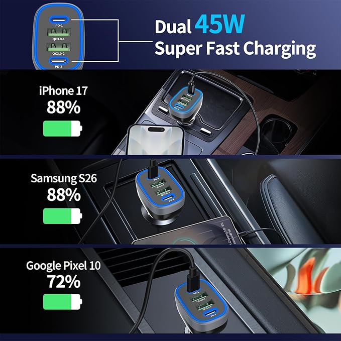 USB C Car Charger, Meagoes 4 Ports 90W Super Fast Charging, Dual 45W USBC & QC3.0 USB 12V Cigarette Lighter Adapter for iPhone 17 Air 16 15 iPad Tablet Google, Samsung S26 Android Type C Cell Phone