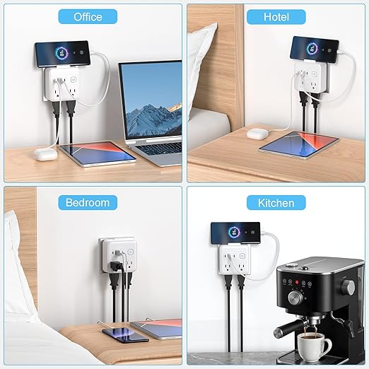 Multi Plug Outlet Extender with 2 USB-A + 2 USB-C & Phone Holder, HITRENDS 1875W/16A 4-Outlet Extender, Non Surge Protector Travel Cruise Ship Essentials, Electrical Wall Splitter for Home Office