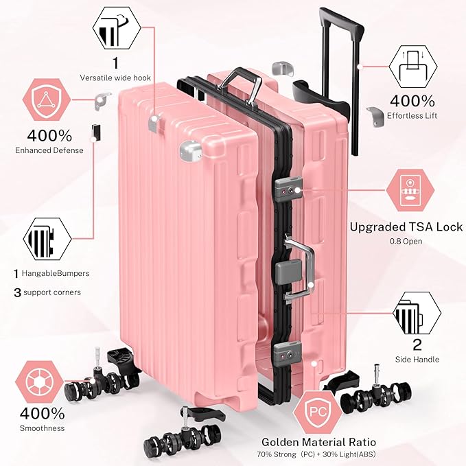 Krute Aluminum Frame Luggage 28 Inch Checked Suitcase with Spinner Wheels TSA Approved No Zipper Hard Shell Luggage PC+ABS Travel Suitcase Pink