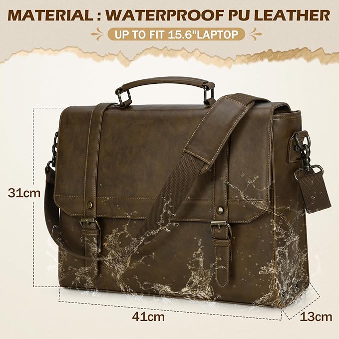 IGOLUMON Messenger Bag for Men 15.6 inch Vintage Leather Waterproof Laptop Briefcase for Men Large Computer Laptop Bag Leather Satchel Bag Retro Shoulder Bag for Office Business Travel College, Khaki