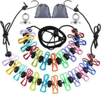 2 Pcs Camping Clothesline Portable 12 Clothespins, Camping Accessories Travel Clothesline for Outdoor Indoor, Retractable Clothes Line Elastic Clothesline, Windproof for Travel Camping Indoor Use