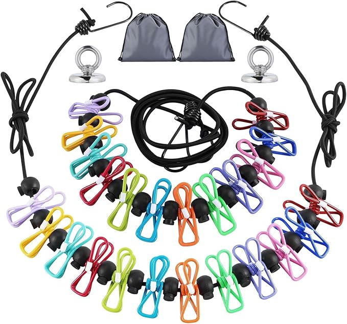 2 Pcs Camping Clothesline Portable 12 Clothespins, Camping Accessories Travel Clothesline for Outdoor Indoor, Retractable Clothes Line Elastic Clothesline, Windproof for Travel Camping Indoor Use