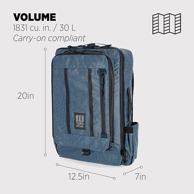 Topo Designs Global Travel Bag 30-40 Liter - Carry-on Compliant Versatile Pack, 3 Carry Options, External Laptop Sleeve (Eco-Friendly, 30L, Apex Pond Blue)