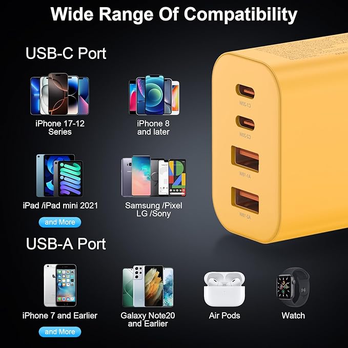 USB C Charger Block, 3-Pack 40W Wall Plug Fast Charging Block, 4-Port PD + QC Power Adapter Type C Charging Blocks Cube, Compatible with iPhone 17/16/15/14/13/12/11/Pro Max, Tablets（Yellow）