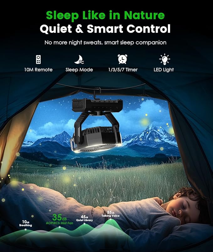 Camping Misting Fan - Portable Rechargeable Fan with 8.9oz Tank, Light, Hook - Battery Power 120H MAX Working, Fast Cooling, 4 Speed, Timer, Sleep Mode, for Outdoor, Travel, Patios, Beach