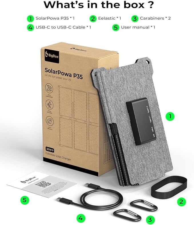 BigBlue Portable 35W Solar Panel Charger with Fast Charging USB-A and PD 25W USB-C for Camping Backpacking, 1.54 lbs, IP68 Waterproof, Folding Solar Phone Charger for iPhone/Android, iPad, Power Bank