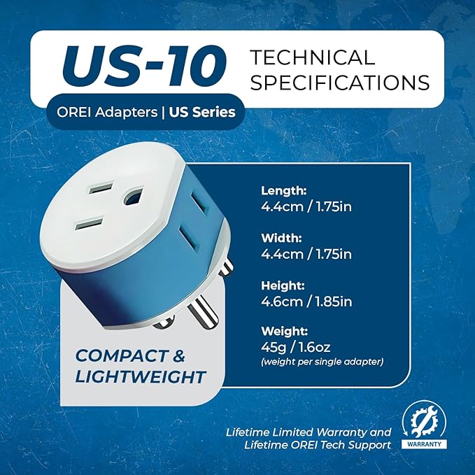 OREI India, Nepal, Maldives Power Plug Adapter with 2 USA Inputs - Travel 3 Pack - Type D (US-10) Safe Grounded Use with Cell Phones, Laptop, Camera Chargers, CPAP, and More