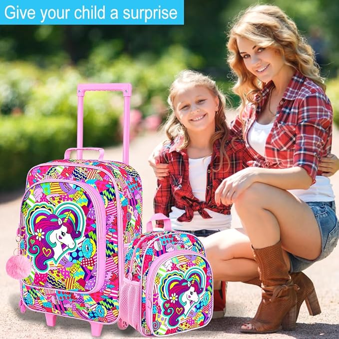 2Pcs Kids Luggage Set, Girls Carry on Rolling Suitcase with Wheels, Unicorn Sequin Travel Suitcases with Toddler Backpack(Purple)