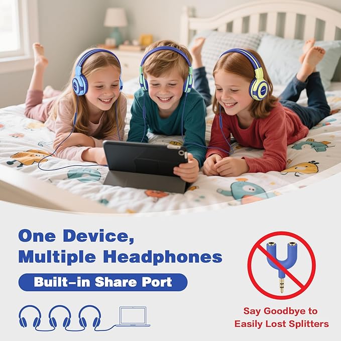 SIMOLIO Kids Headphones with Microphone, 75dB-85dB-94dB Volume Limited Children Headphone with Share Port, On-Ear Wired Headset for PC, Tablet, Airplane Travel(Yellow)