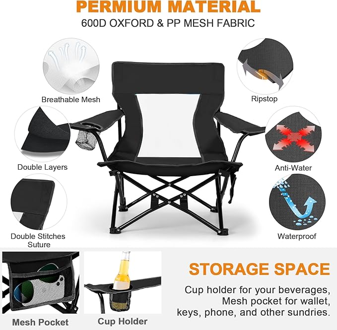 Joyfair Beach Camping Chair (2 Pack), Outdoor Folding Lawn Chair for Adults, Heavy Duty Portable Chair with Armrest for Outside Fishing, Sport, Patio, Cup Holder & Storage Pocket, Carry Bag (Black)
