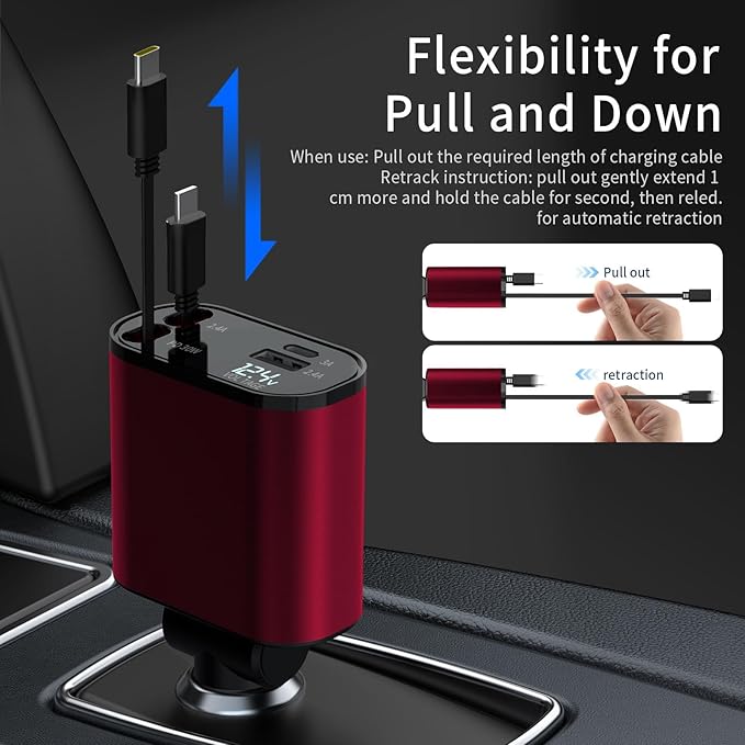 69W Fast Charging USB C Car Charger, 4-in-1 Retractable Phone Charger for iPhone 17, Travel Essentials, Gifts for Women Men, Car Accessories for Women Men, for iPhone 17 16 15 14 13, Galaxy, Pixel