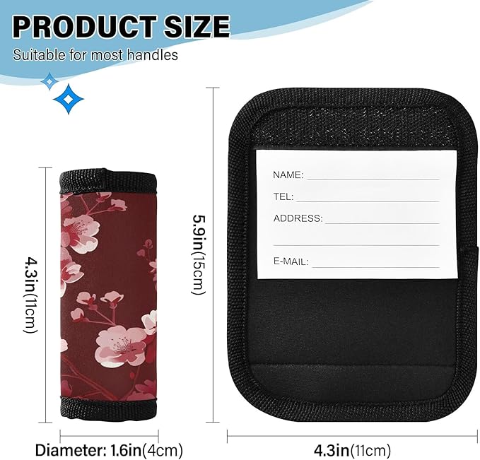 Cherry Blossoms Red Luggage Handle Wrap for Suitcase Luggage Tags Handle Covers Identifiers Soft Decorations Travel Accessories 2 Pack
