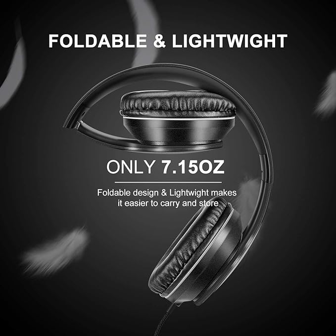 LORELEI X6 Over-Ear Wired Stereo Bass Headphones with Microphone, Lightweight, Foldable & Portable with 1.45M No-Tangle for Smartphone, Tablet, MP3/4, Space Black